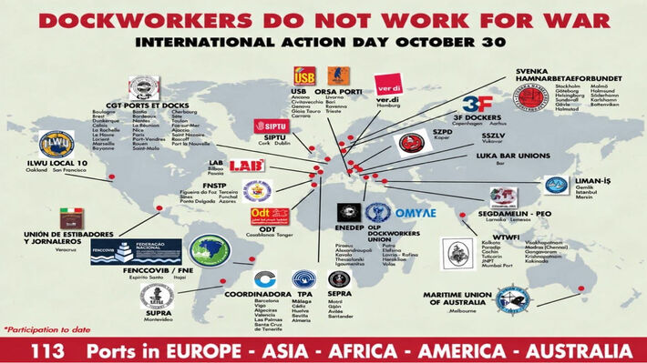 Banner: Dockworkers do not work for war. International Action Day, October 30. World map of the 113 ports taking part and their unions.